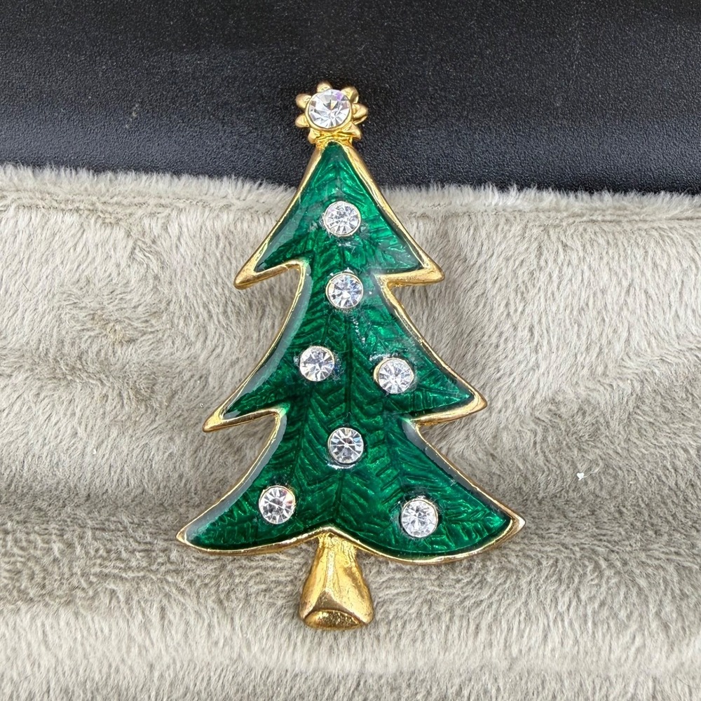 Vintage Christmas Tree‎ Brooch LIA  Gold Tone Signed Enamel Rhinestone
